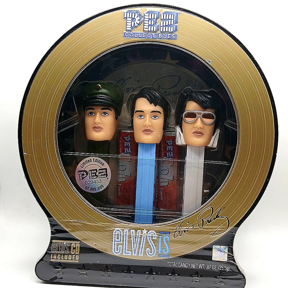 Vintage elvis tin with  three elvis pez dispensers and music cd featuring Elvis